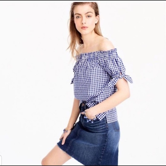 J. Crew Off the Shoulder Top in Blue Gingham - Picture 2 of 6